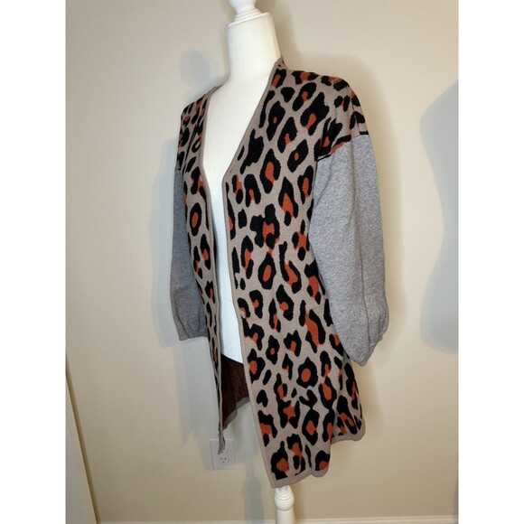 THML Leopard Print Cardigan Sweater Long Open Front Beige Black Orange Sz L - Picture 2 of 7
